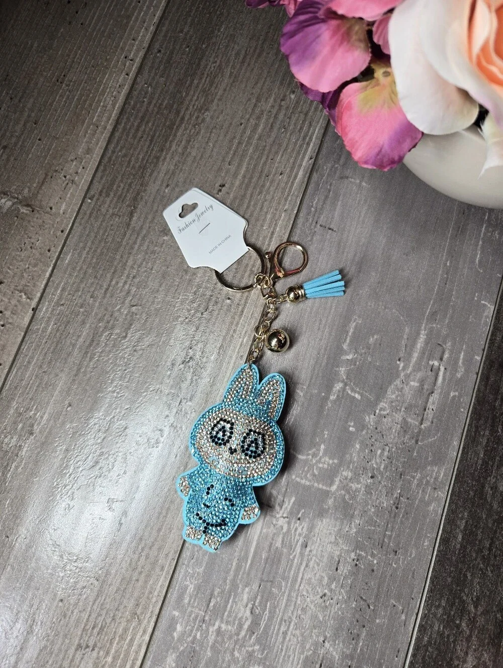 NWT Fashion Jewelry Sparkling Blue Labubu Inspired Gold Keyring Set with Charm